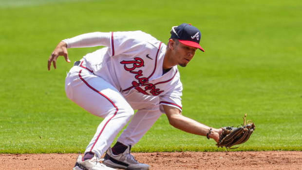 Apr 23, 2023; Cumberland, Georgia, USA; Atlanta Braves shortstop Vaughn Grissom (18) catches a line drive hit by Houston Astros third baseman Alex Bregman (2) (not shown) during the first inning at Truist Park.